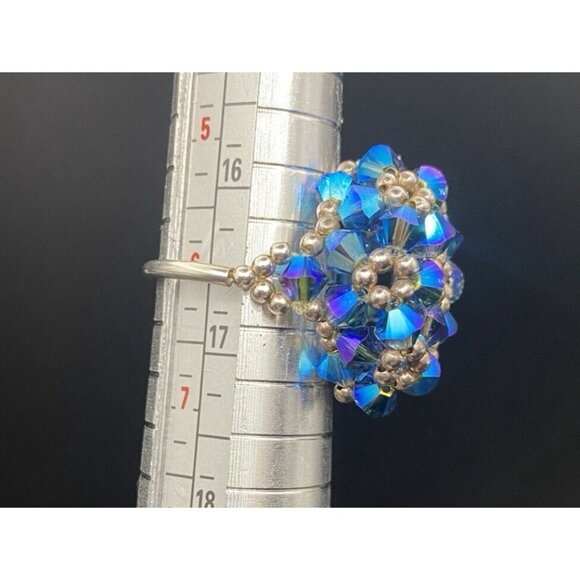 Tested Sterling Silver Ring Blue AB Bicone Crystal Dome Woven Bead Size 6 Floral - Picture 5 of 12